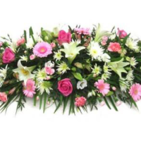 Funeral Flowers Roses Asters Lilies and Gerberas Coffin Spray in whites and pinks 1