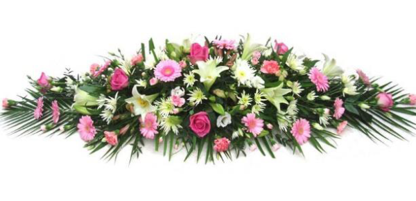 Funeral Flowers Roses Asters Lilies and Gerberas Coffin Spray in whites and pinks 1