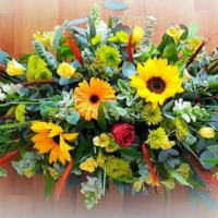 Funeral Flowers Roses Sunflowers and Gerber Coffin Spray 1