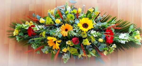 Funeral Flowers Roses Sunflowers And Gerber Coffin Spray 1