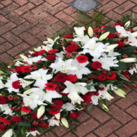 Funeral Flowers Red and White Roses Lilies Gerberas Coffin Spray 1