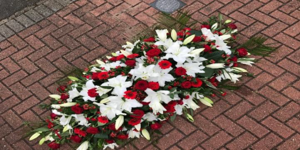 Funeral Flowers Red and White Roses Lilies Gerberas Coffin Spray 1