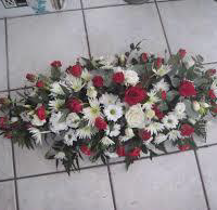 Funeral Flowers Red and White Rose Gerberas with Pennygum Coffin Spray 1