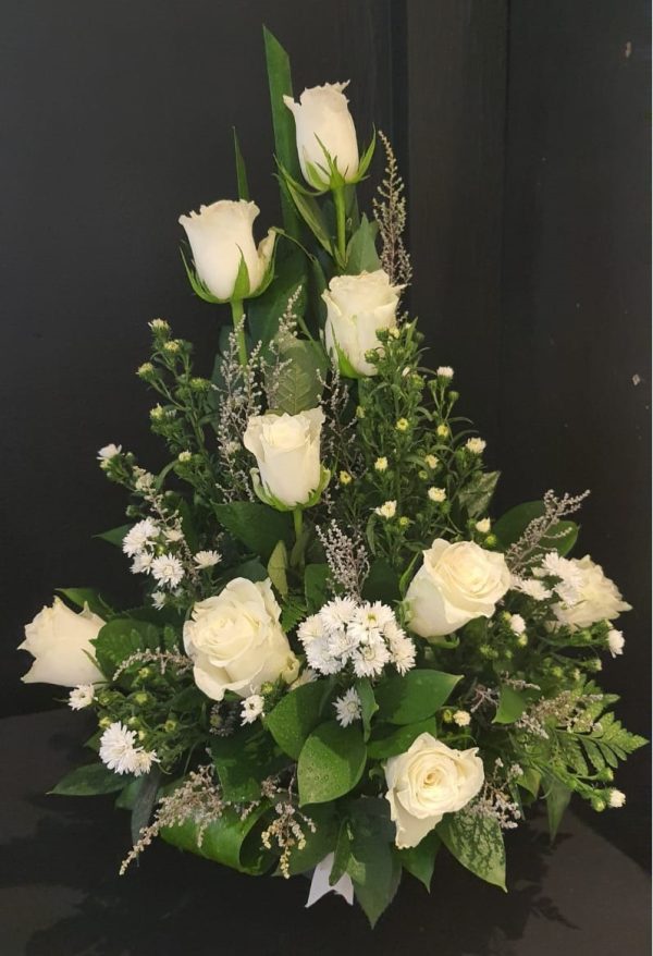 Funeral Sympathy White Roses and Michelmas Daisies Upright Arrangement