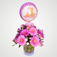 Baby Girl Pink Gerberas in a Vase with Balloon