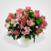 Pink Roses and Alstroemeria with Green Buttons in a Pot