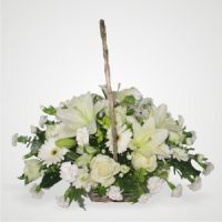 Funeral Sympathy Basket of White Roses Gerberas and Lilies with greenery