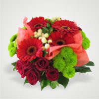 Cerise Gerberas Roses and Green Buttons Bouquet