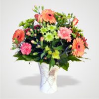 Orange Yellow and Pink Carnations Gerberas and Asters in a Pot