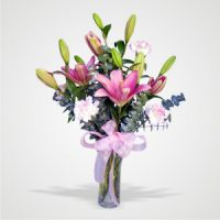 Pink Lilies and Pennygum in a Vase