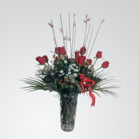 12 Red Roses and Gypsophila with Greens in a Tall Glass Vase