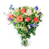 Roses Lilies Gerbera and Delphiniums Pinks Reds and Blues Bouquet