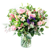 Pink and Purple Roses Lilies Astromeria Pennygum and Status in a Large Vase