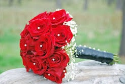 Bridal Bouquet of red roses surrounded by gypsophila