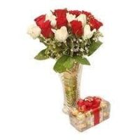 12 Red and White Roses in a Vase with Ferrero Roche Chocolates