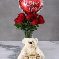 12 Red Roses in Vase with Teddy Bear and Box of Ferrero Roche