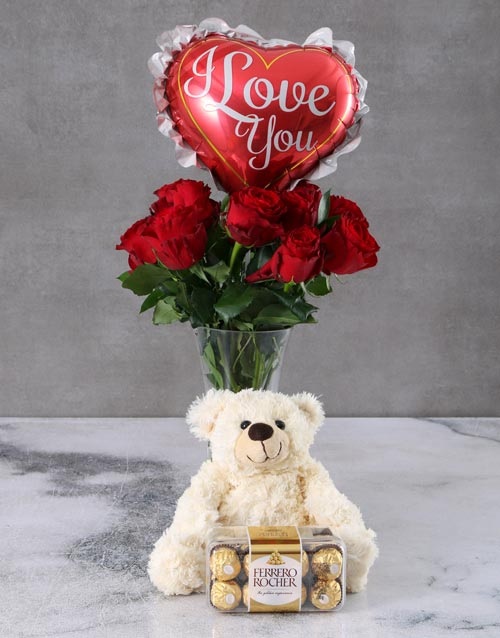 12 Red Roses Vase Teddy Bear and 16 Ferrero Roche
