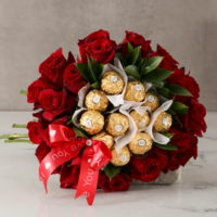24 Red Roses wrapped around Ferroro Roche Centre