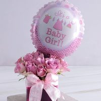 Baby Girl Pink Roses in Small Vase with Balloon
